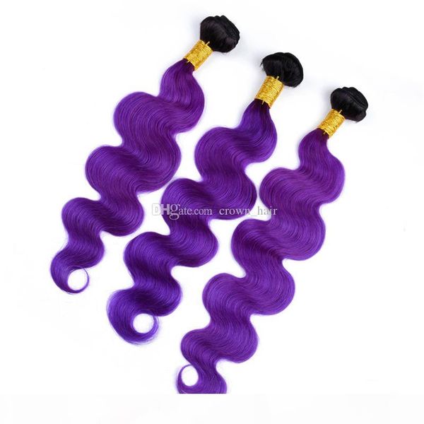 

ombre purple human hair extensions two tone 1b violet dark roots 3 bundles peruvian body wave hair weave weft, Black