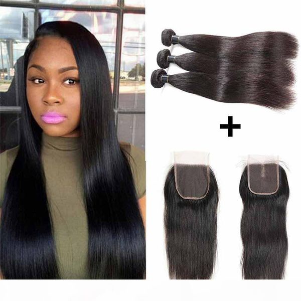 

бразильский девы человеческих волос шнурка закрытие с 3 связки прямые ткет волос дешевые бразильская богородица выдвижения волос straight 3, Black;brown