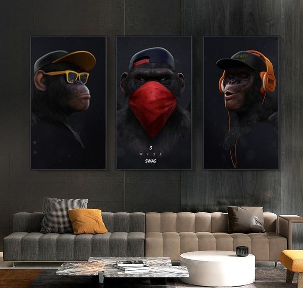 

холст мышление жилая искусство смешные дома животные 3 настенные наушники комната панели обезьяна с отпечатками плакаты живопись масляные ка