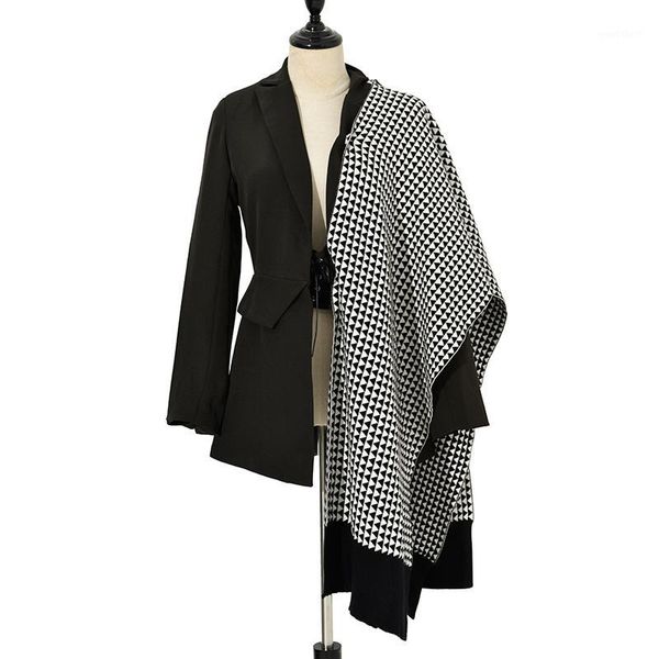 

ewq] 2020 new autumn winter open stitch flare sleeve black woemn blazers patcwork striped korean women coat fashion ql4041, White;black
