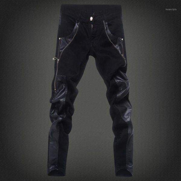 

yasuguo new 2019 fashion leather patchwork skinny jeans men brand punk style slim fit pencil pants men skinny jeans pants1, Blue