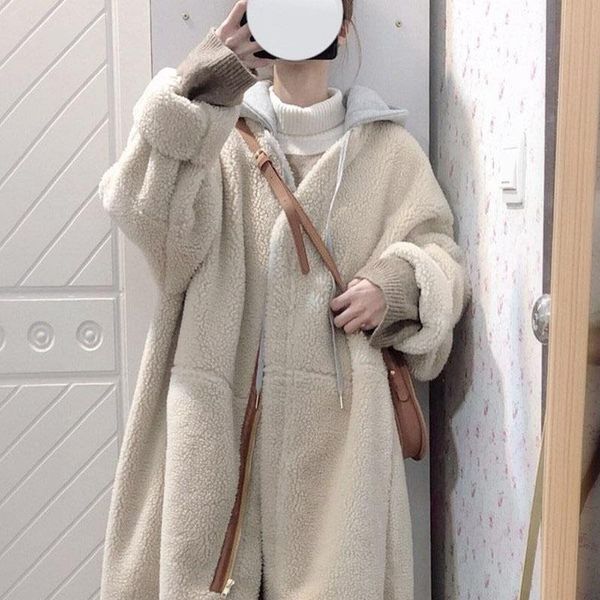 

jane deiune 2021 new autumn winter women lamb wool loose coat lady large size thicken korean style long outwear, Black