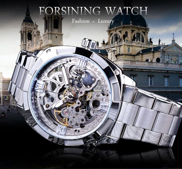 Mani degli uomini di sicurezza pieghevoli chiusura automatica argento Forsining Top orologi con orologi trasparenti di lusso di marca Dsnsw luminoso