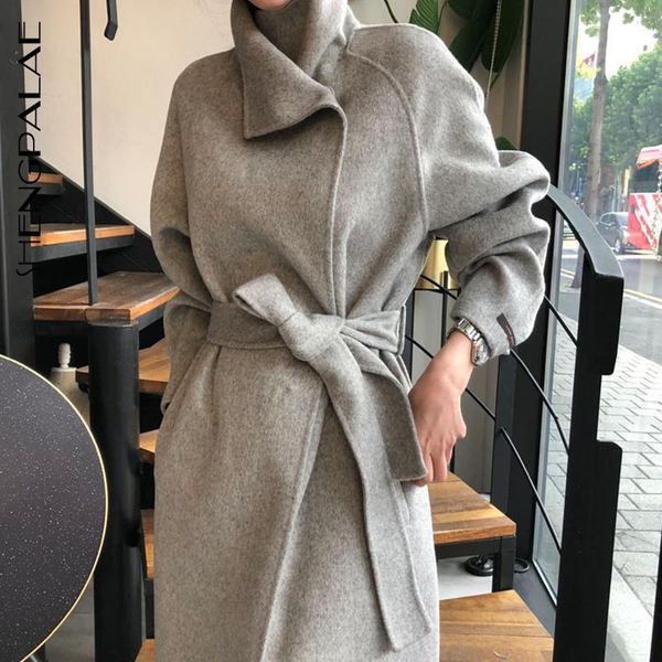 

shengpalae 2021 autumn and winter woemn's overcoat stand collar lace up waist long sleeve simple solid color woolen coat zt1482, Black