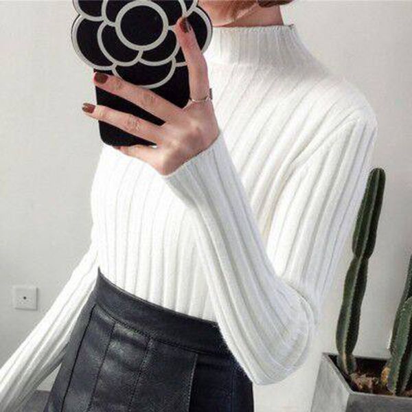 

jpg1m core women yarn half high sweater n pit collar long sleeve with slim fit elastic simple knitted bottom sweater for spun ntidd s, White;black