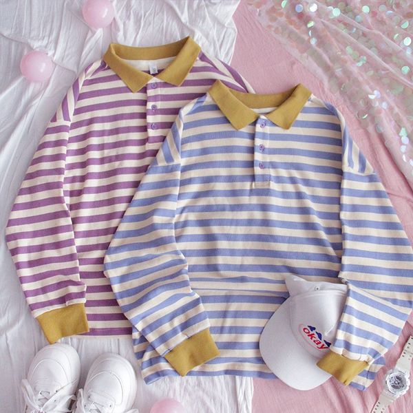 

xiasen's striped lapel sweater girl's long sleeve loose ins fashion students' original color matching polo sweater home home, Black