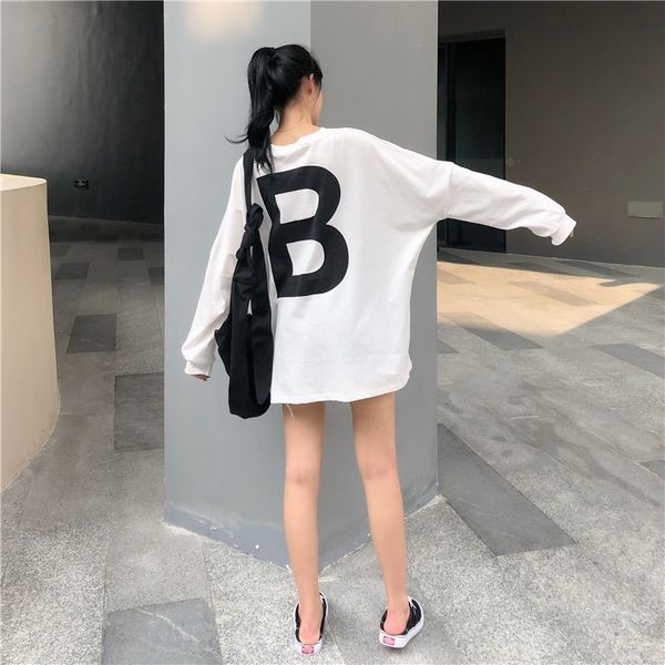 

harajuku стиль длинный рукав женщин осень футболку платье 2020 новой корейской версии ins супер огонь длины средней рыхлый экипажа шеи футбо, White