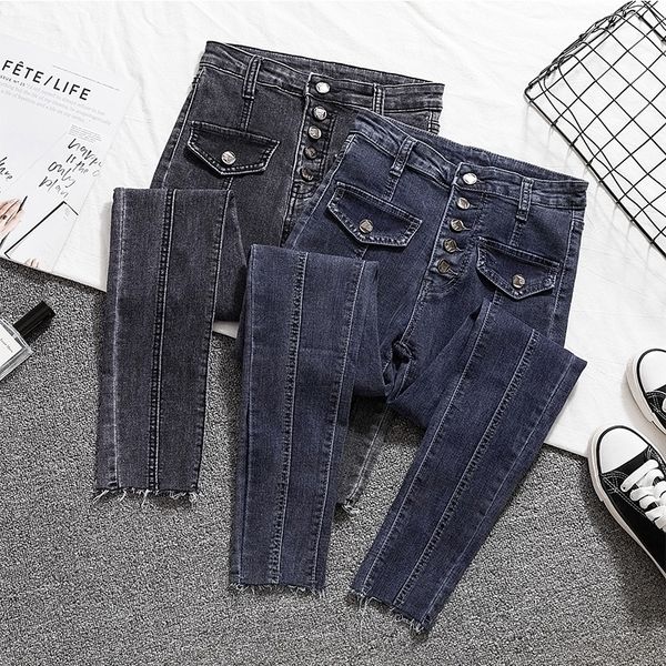 

single-breasted skinny jeans female high waist black blue solid denim pencil pants woman chic elastic spliced jean woman 201030