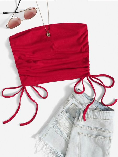 

ribbed knit drawstring side ruched tube o3wy#, White