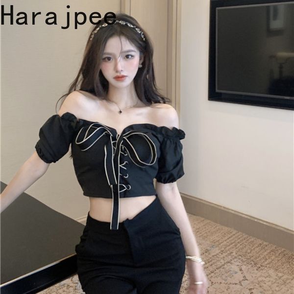 

harajpee bowknot shirts slash neck off the shoulder bandage short puff sleeve french style vintage women pullover, White