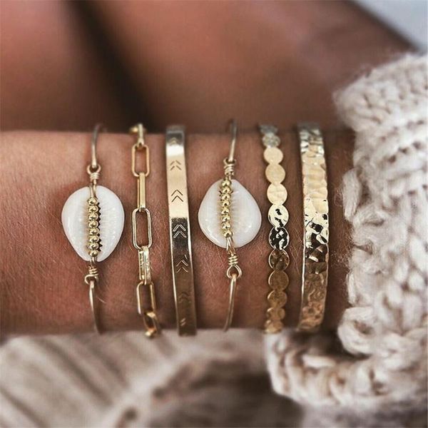 

new vintage gold geometric round chain white stone shell fashion bracelets for women boho multiple layers bracelet set jewelry, Black