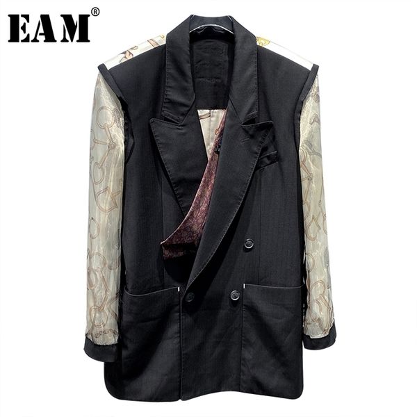

[eam] women black back printed big size blazer new lapel long sleeve loose fit jacket fashion tide spring autumn 2020 lj201214, White;black