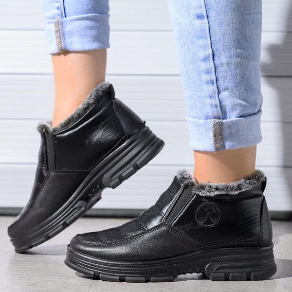 

boots snow woman 2021 winter shoes women pu leather women's waterproof super warm ladies slip on, Black
