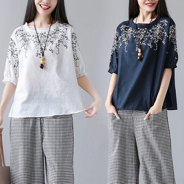 

31dit 2020 summer new large women's art embroidery t-shirt with lantern and hemp loose cotton obx linenembroidered cotton and linensl, White