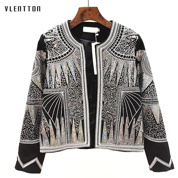 

autumn luxurious sequins embroidery cardigans jacket woman casual short o-neck long sleeve reflective jackets coat female, Black;brown