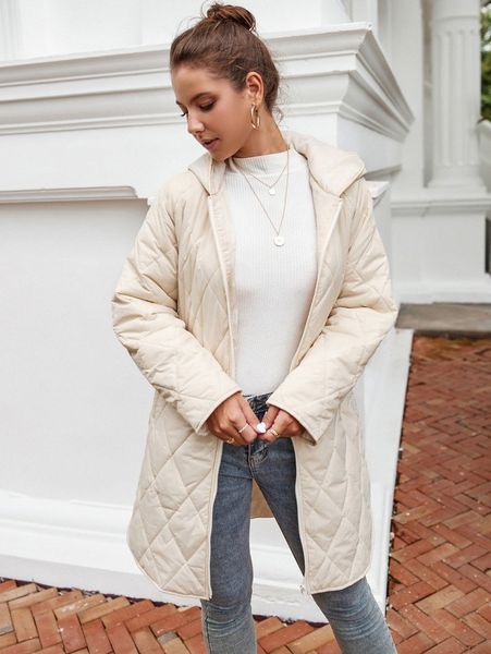 

zip up curved hem hooded quilted coat m5wx#, Black