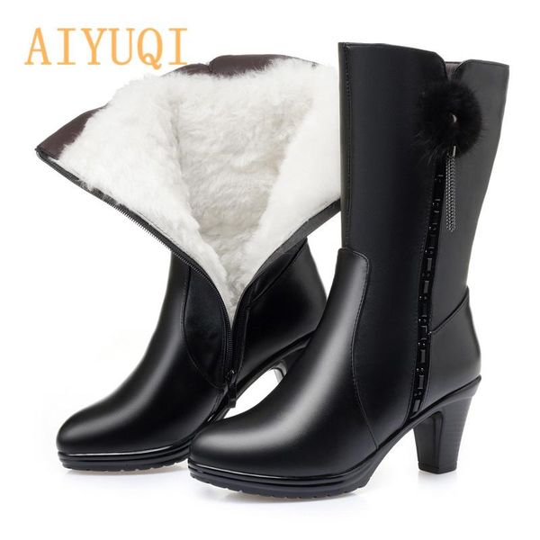 

boots aiyuqi ladies hair snow women high heels banquet stylish warm wool female winter shoes daughter boot, Black
