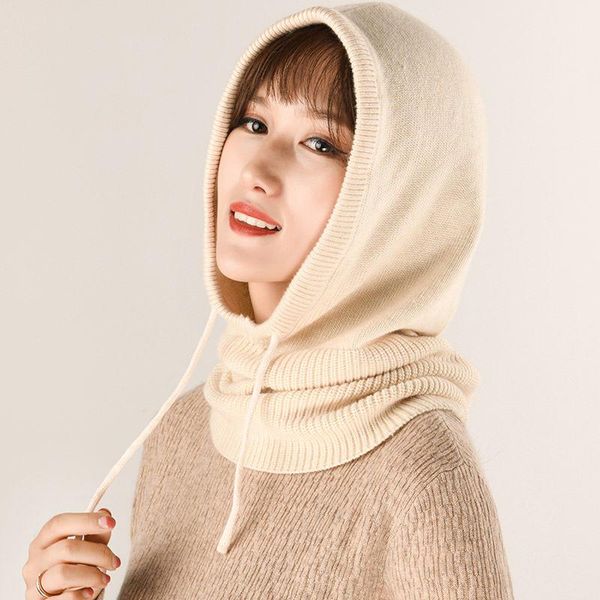 

beanie/skull caps winter women's multi-functional knitted cashmere wool skullies hat collar set beanies hats female hooded earmuffs sca, Blue;gray