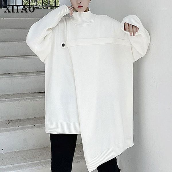 

xitao autumn winter sweaters for women fashion wild plus size turtleneck pullover women oversized irregular knitwear zy10981, White;black