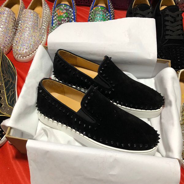 

new luxury shoes studded spikes fashion red suede leather mens sneaker womens flat bottoms shoes party lovers size 36-47 with box, Black
