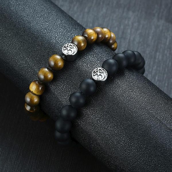 

vnox om charm bracelets for men natural stones beads bracelet religious hinduism symbol jewelry stretch rope bracelet, Black