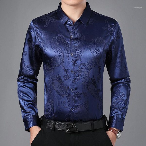 

men's shirt fashion new middle-aged men's simulation silk long-sleeved shirt chinese style business casual gentleman1, White;black