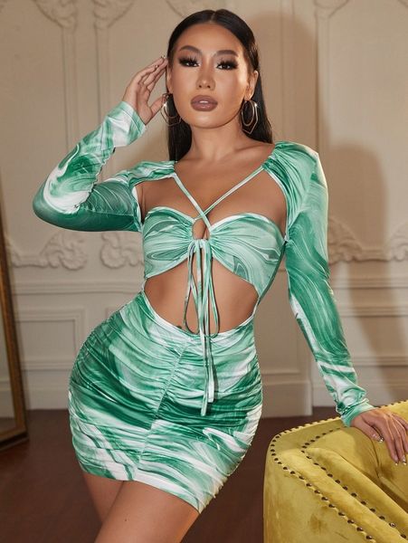 

marble print drawstring cut out bodycon dress j0dx#, Black;gray