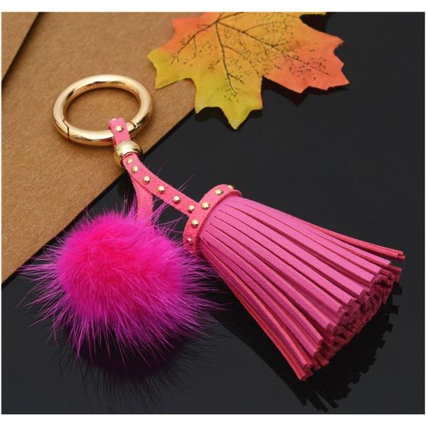 

leather tassels with mink fur ball key chain with one tassels for car keychain bag key ring jewelry eh811 f jllata, Silver