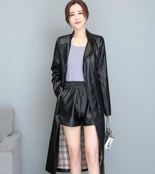 

women's leather & faux 2021 spring and autumn clothes middle long slim coat korean style knee windbreaker fashion, Black