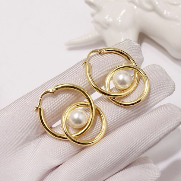 

fahion stainless steel large and small glossy pearl double hoop earrings 18k gold stud earrings rose gold stud earrings for woman jewelry, Golden;silver