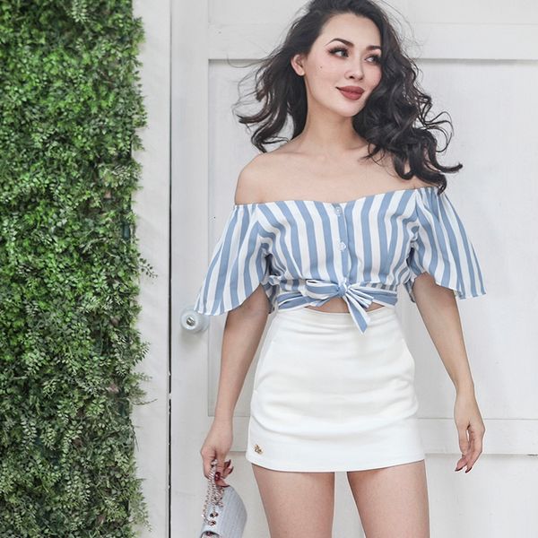 

2021 new summer very out of the shoulder navy blusa striped skinny bar neck ruffles short women's root shirt erfg, White