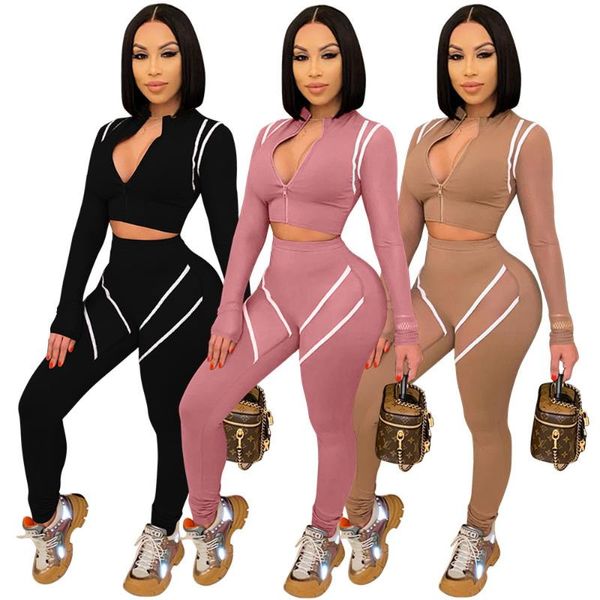 Kadın Eşofman Beyaz Çizgili Patchwork Fermuarlı Üst Tayt İki Parçalı Set Kadınlar Derin V Boyun Sıska Streetwear Parti Kulübü Bodycon Ter