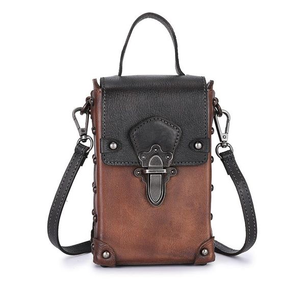 

fctossr autumn and winter new handmade cowhide retro box bag lock small square bag leather shoulder slung vertical mini