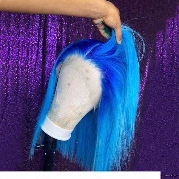 

150% density bob lace front wigs blue ombre colored straight human hair wig 13x6 lace front wig pre plucked ing, Black;brown