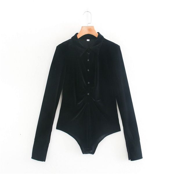 

2021 new vintage black velvet bodysuit women autumn winter fashion collared ruched ladies elegant long sleeve bodysuits q9sa, Gray