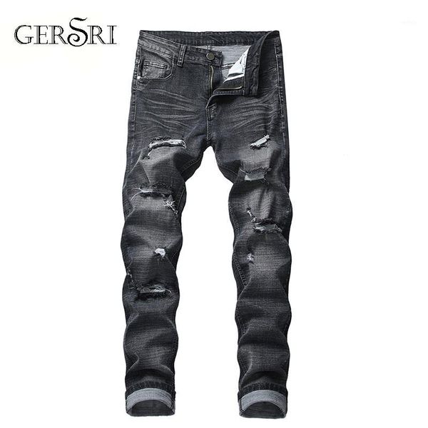 

gersri new arrival fashion men hip hop jeans washed printed jeans for men casual slim biker pants holes 28-42 size1, Blue
