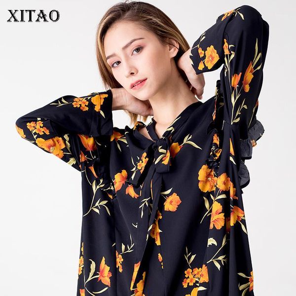 

xitao] europe fashion new women 2018 autumn stand collar full sleeve loose dress female print bow mid-calf dress zll15121, White;black