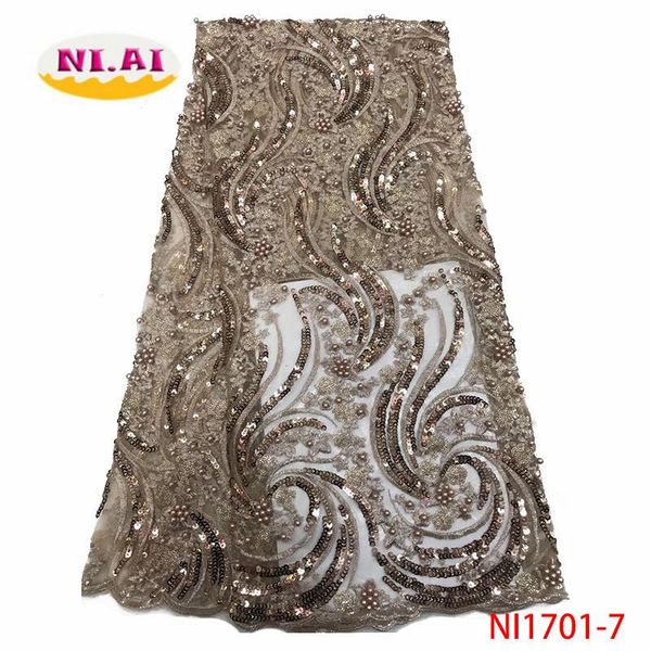 

2020 new design african lace fabric french nigerian beads embroidered tulle lace fabric with sequins ni1701-7, Pink;blue