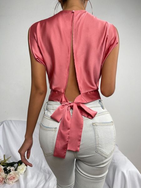 

tie back boat neck satin crop 99kl#, White