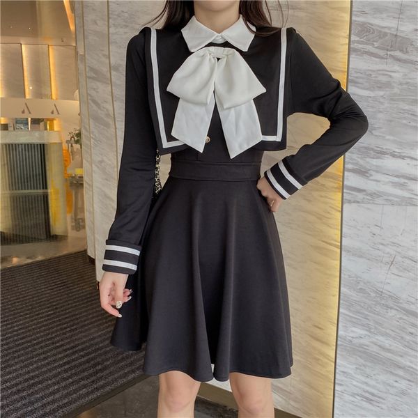 

2021 New Sweet Ladies'short Autumn Bow Knot Beautiful Sea Style Waist Fashion Dress Long Sleeves R2HK, Black;gray
