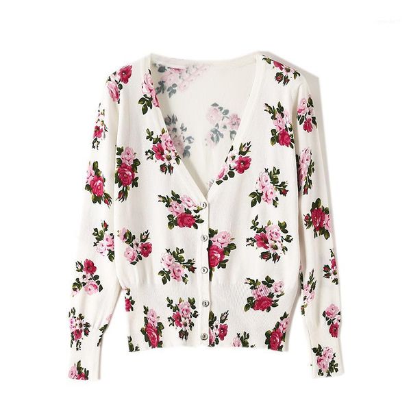 

women's knits & tees 2021 spring autumn rose print sweater thin long sleeve knitted cardigan jackets sueter mujer ta60971, White