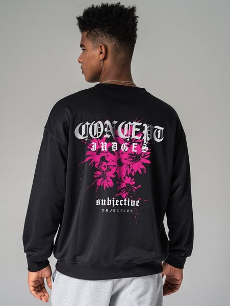 

men letter & floral print drop shoulder pullover b7gi#, Black