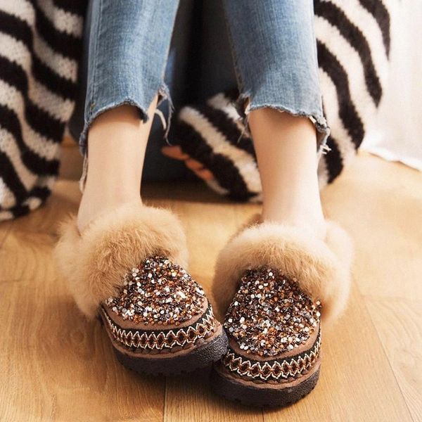 

rimocy shiny sequins faux fur warm snow boots female soft short plush cotton padded shoes women winter low heel ankle boots 2020 #wq0z, Black