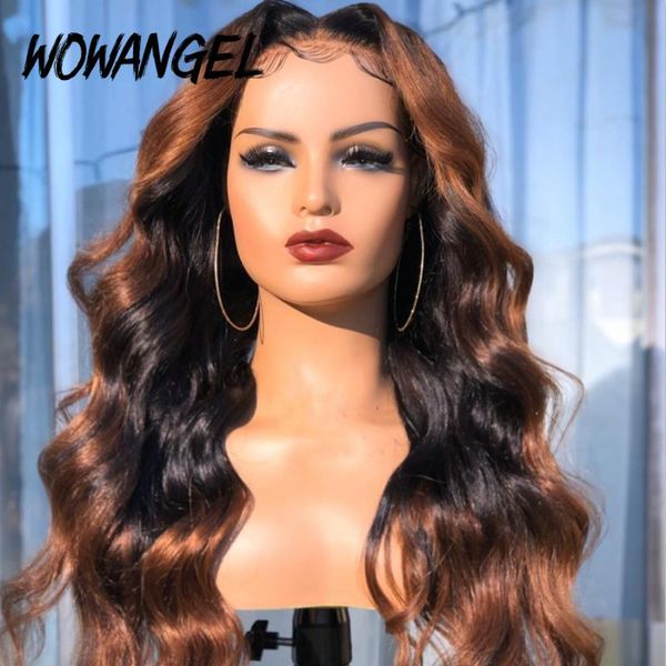 

wowangel lace front human wig 13*6 deep part transparent lace brazilian remy ombre colored hair bleached knots 180% density, Black;brown