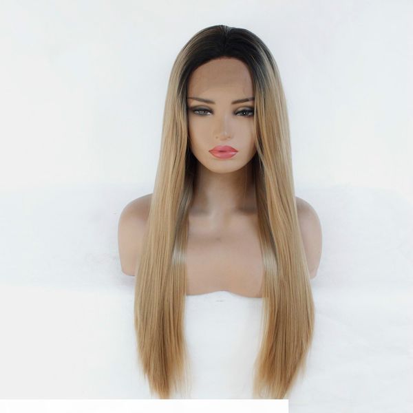 

export chemical fiber before lace wig europe and the united states selling long straight hair head set black gradient gold, Black;brown