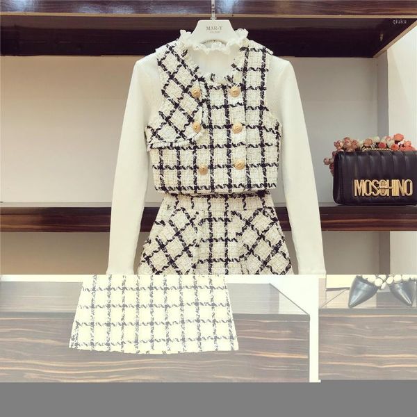 

2018 gentle wind 3 piece set autumn woman lace patch knitted shirt + tweed waistcoat + a - shaped skirt ladies mini skirts suit1, White