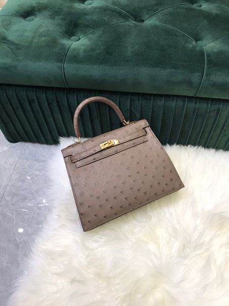 

brand bag size 25cm real ostrich leather fully handmade quality wax stitching dark brown color wholesale price fast deliver