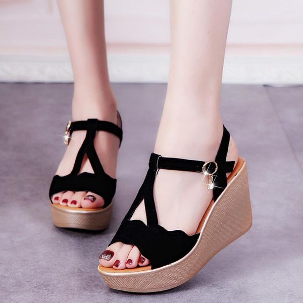 

open toe women sandals wedge shoes breathable beach rome buckle strap casual peep toe woman wedges sandals summer ladies sandles1, Black