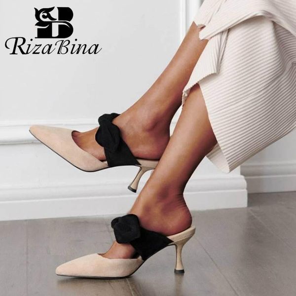 

dress shoes rizabina high heels sandals women real leather sweet bowtie slides pointed toe casual party footwear size 33-40, Black