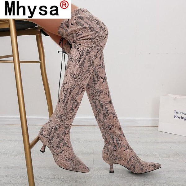 

long boots women leopard grain serpentine high heel boots pointed toe club thigh high over-the-knee women shoes, Black